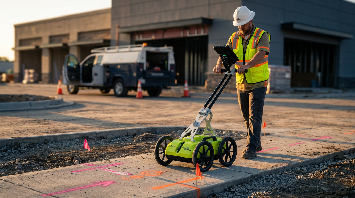 Construction site with underground utility locating equipment and marked pavement